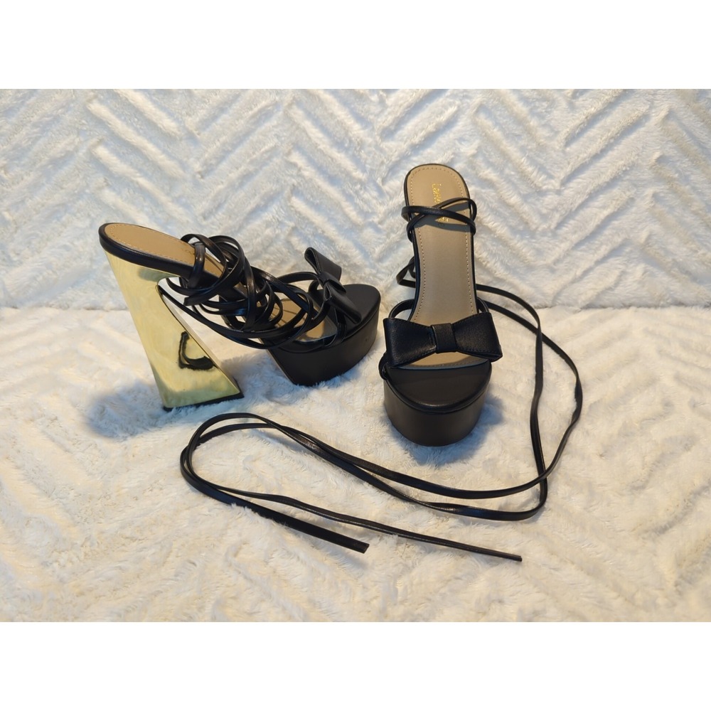 Lemonade Retro Gold Strappy Leg Platform Heel Disco Party Holiday Women's Sz 7.5